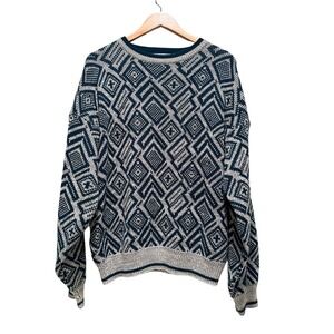 Vintage‎ 90s Geometric Knit Sweater Teal Gray Grandpa Core Oversized Large